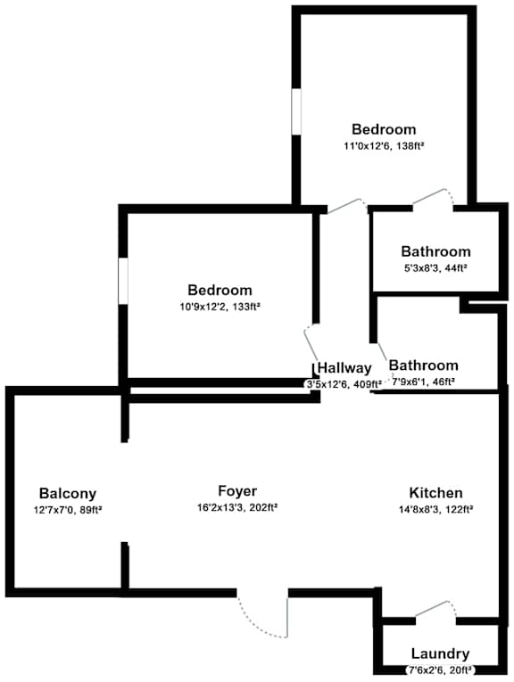 A floor plan of a house with labeled rooms and their dimensions.