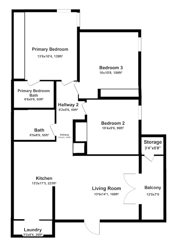 A floor plan of a house with a living room, two bedrooms, two bathrooms, a kitchen, and a laundry area.