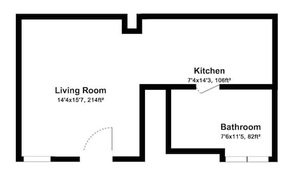 Floor Plan  A floor plan of a house with a living room, kitchen and bathroom.