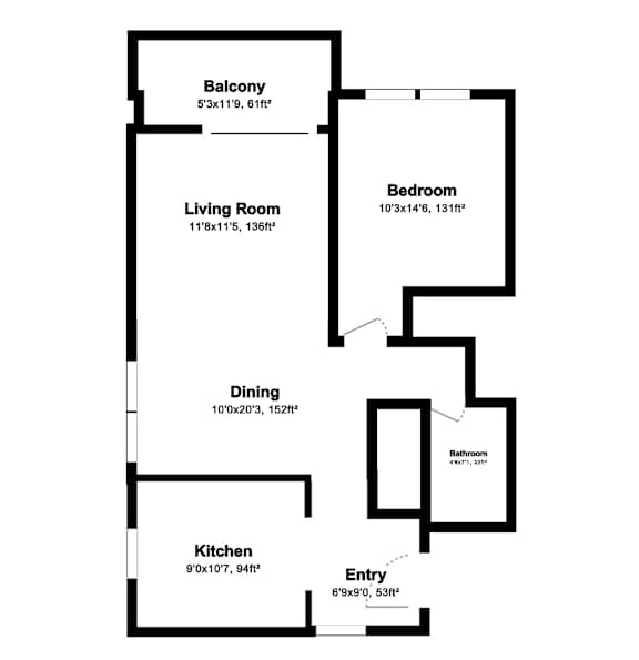 Floor Plan  A floor plan of a home with a living room, dining room, kitchen, balcony, and two bathrooms.
