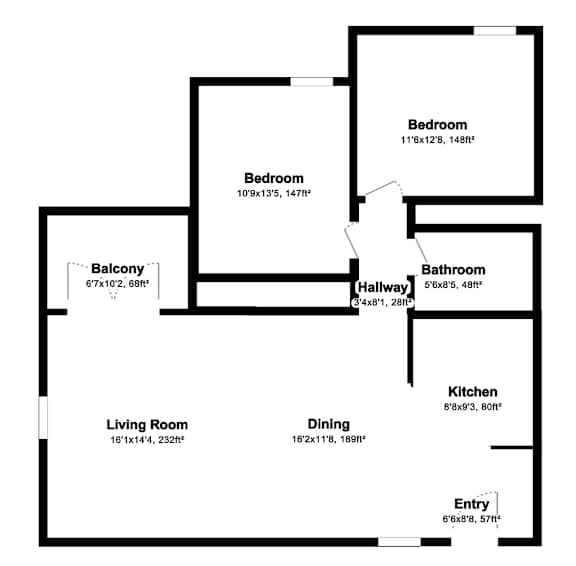 A black and white image of a floor plan for a house with a living room, two bedrooms, a kitchen, a bathroom, and a balcony.