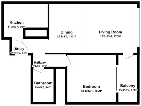 A floor plan of a home with a kitchen, dining room, living room, bathroom, entry, hallway, bedroom, and balcony.