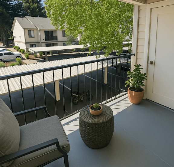 A balcony with a chair, table and potted plant.