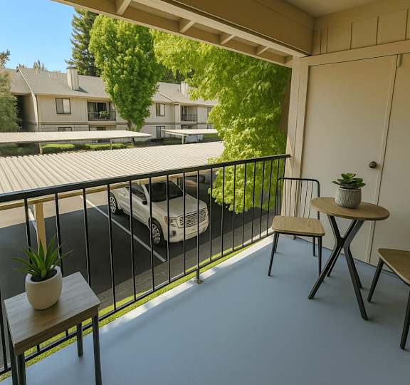 A balcony with a table and chairs overlooking a parking lot.