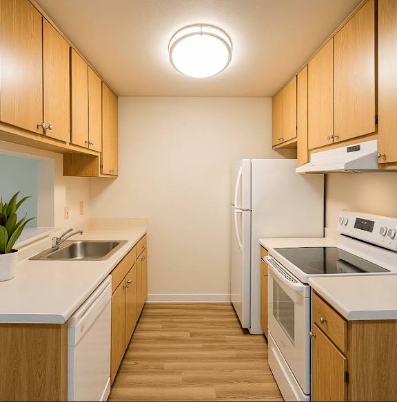A kitchen with wooden cabinets and white appliances.