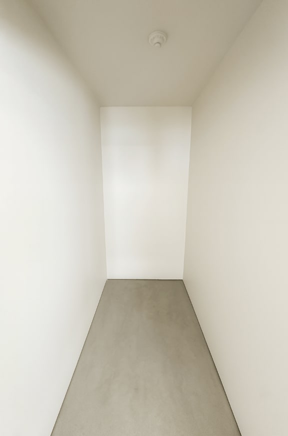 A white hallway with a grey floor.