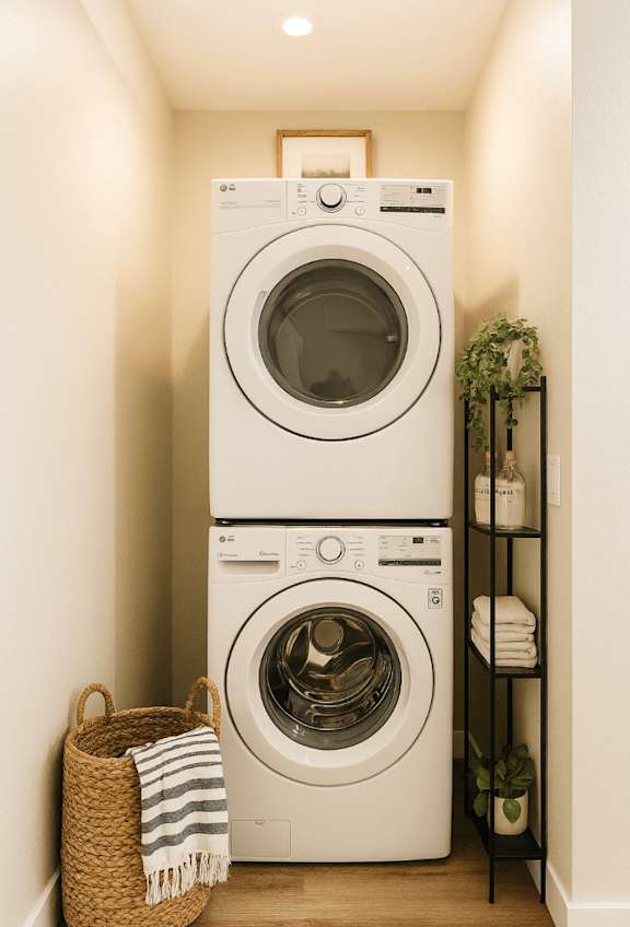 A white washing machine and dryer in a small laundry room.