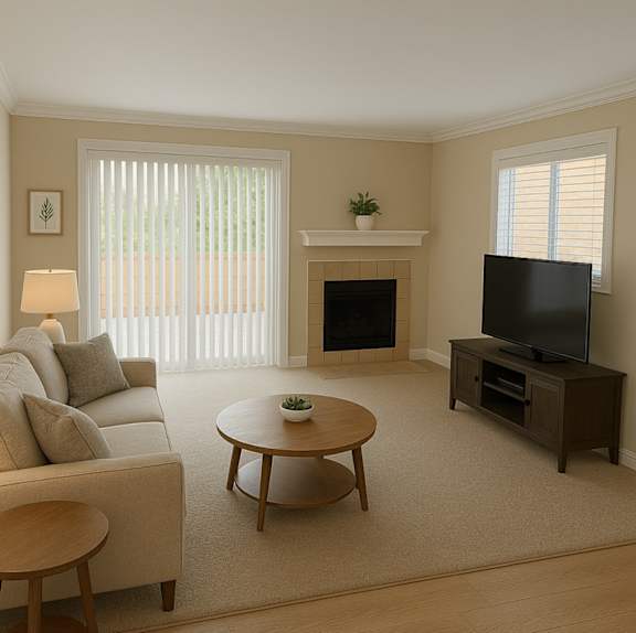 A living room with a fireplace, a couch, a coffee table, and a television.