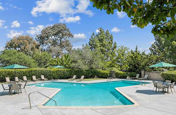 A swimming pool surrounded by trees and chairs.