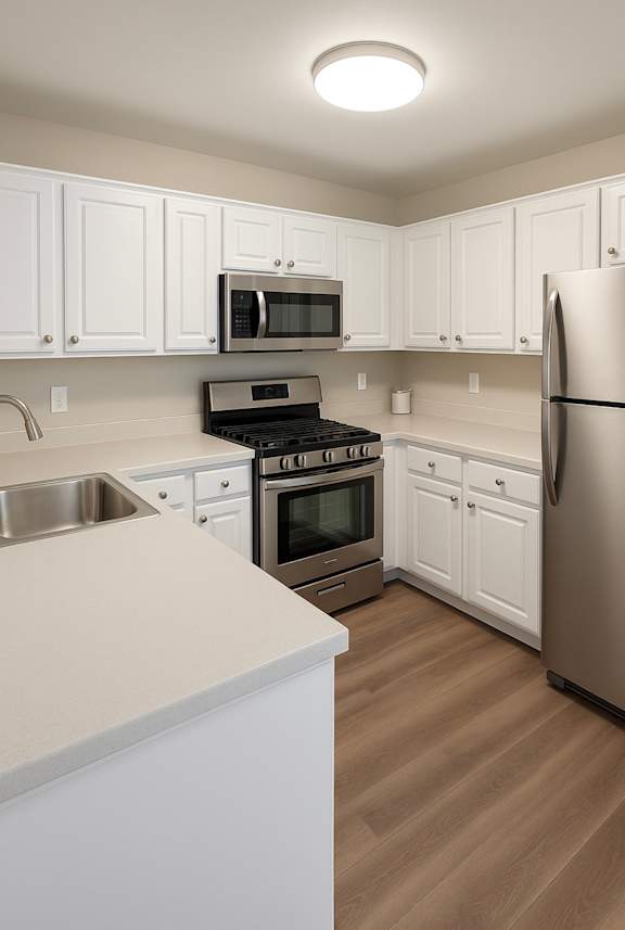 A kitchen with white cabinets and a stainless steel refrigerator.