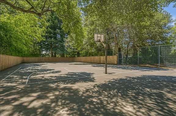 A basketball court surrounded by a fence and trees.
