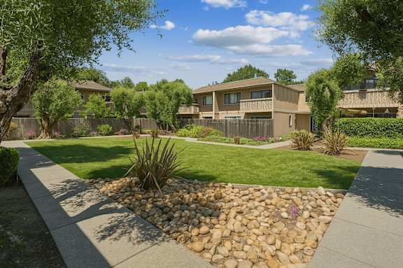 A residential area with houses and a well-maintained garden.