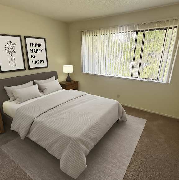 A bedroom with a bed, nightstand, and window with blinds.