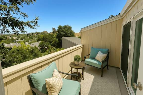 A balcony with a chair and a table with a potted plant on it.