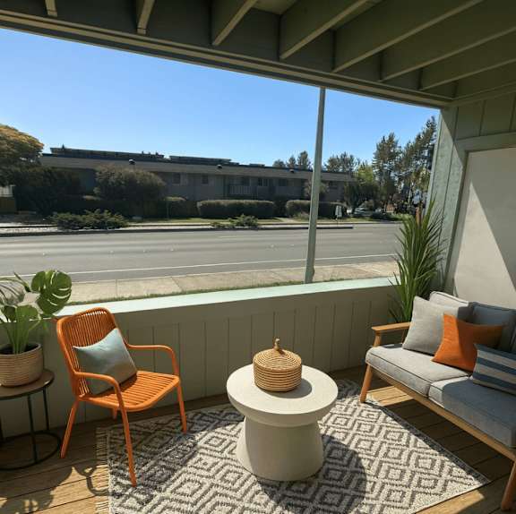 A patio with a chair, a table, and a couch with a view of the street.