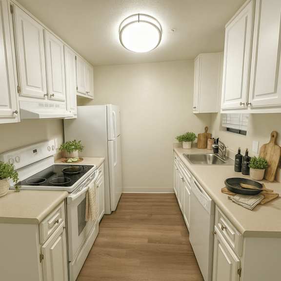 A kitchen with white cabinets and a wooden floor.