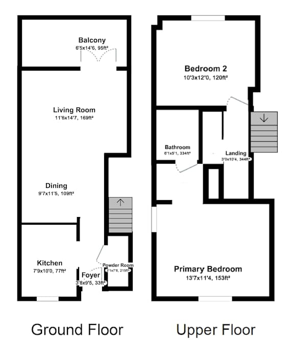 A floor plan of a two-story house with a balcony and a powder room.