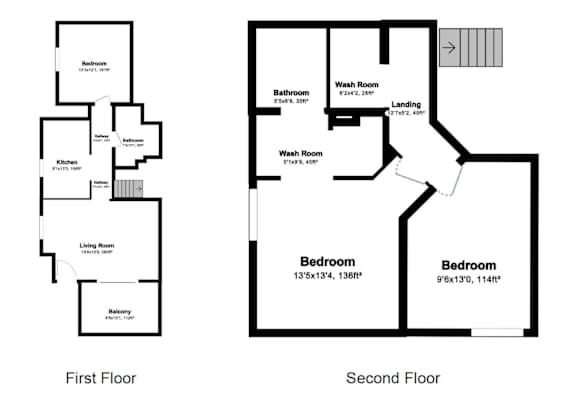 A floor plan of a two-story home with two bedrooms and two bathrooms.