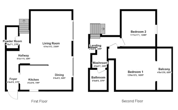 A floor plan of a two-story home with two bedrooms, a living room, a dining room, a kitchen, a powder room, a foyer, a bathroom, and a landing.