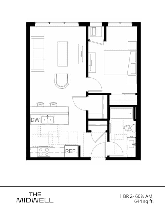 A floor plan of a 1 bedroom, 2-60% AMI, 644 sq ft apartment named The Midwell.
