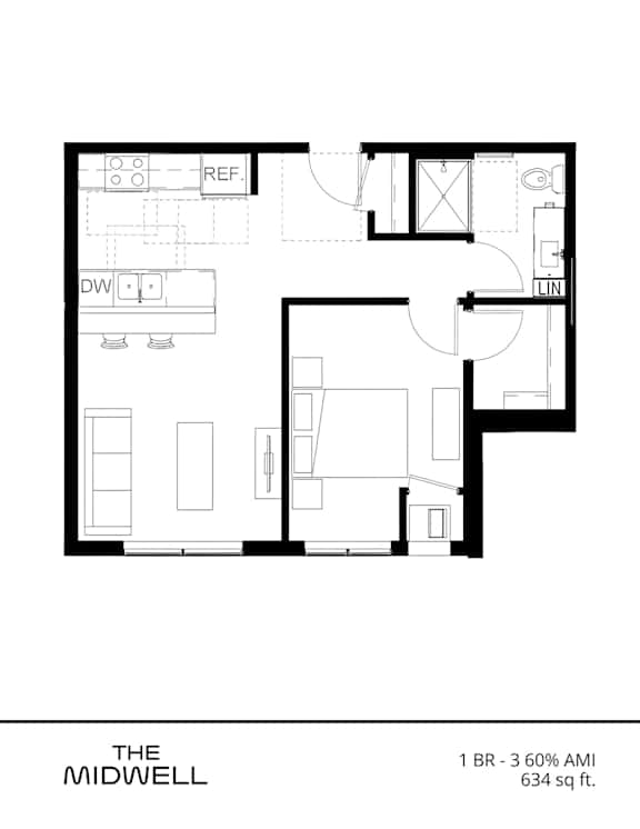 A black and white drawing of a floor plan for a 1 bedroom, 360 square foot apartment.