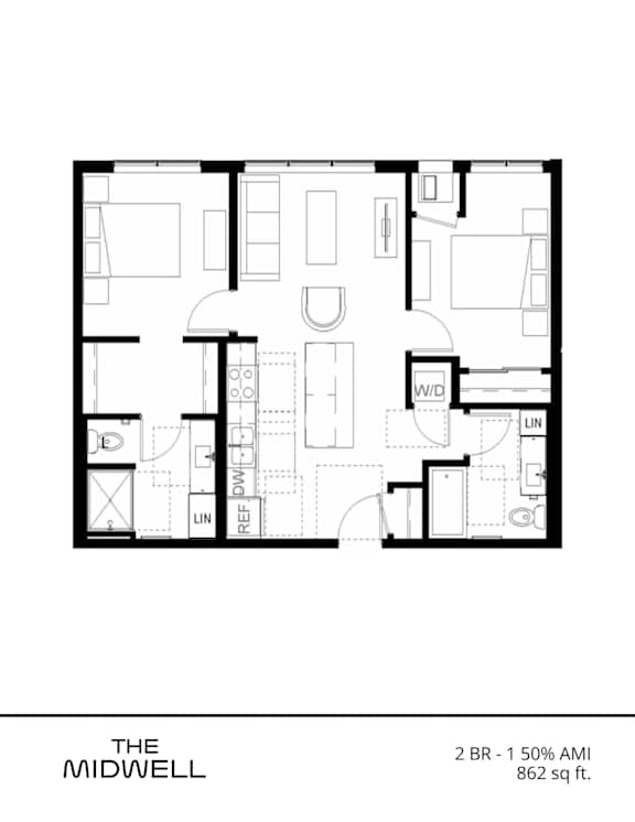 A black and white image of a floor plan for a mid-level apartment.