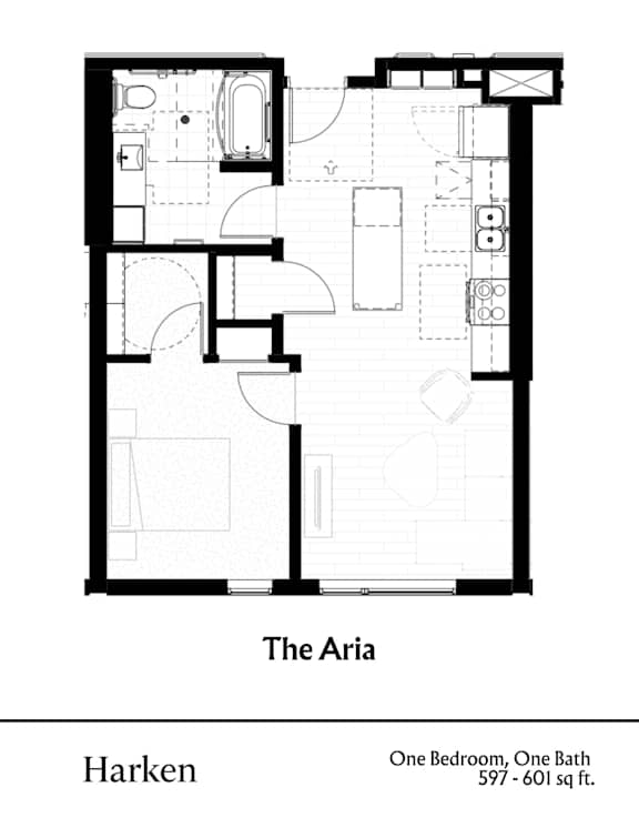 A floor plan of a one bedroom, one bath apartment.