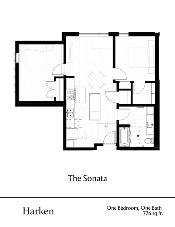 A floor plan of a one bedroom, one bath house called The Sonata.