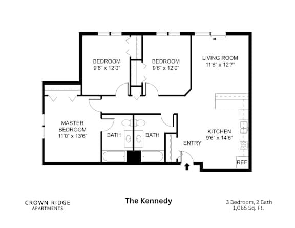 A black and white image of a floor plan for a three bedroom, two bathroom apartment.