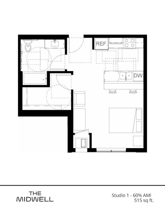 A black and white floor plan of a studio apartment.