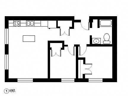 A black and white drawing of a house layout.