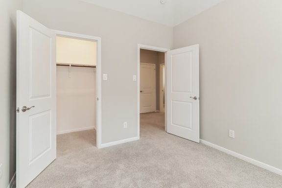a bedroom with two doors and a closet in the background
