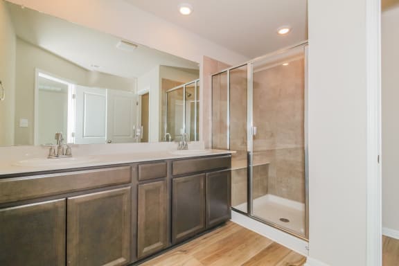 a bathroom with a large sink and a shower