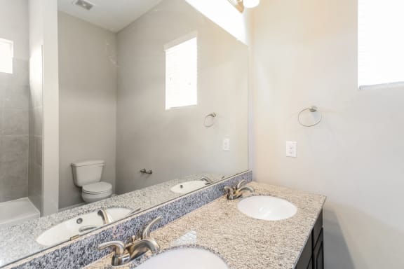 a bathroom with two sinks and a shower and a toilet