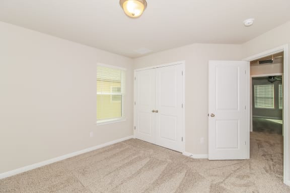 a bedroom with two closets and a carpeted floor
