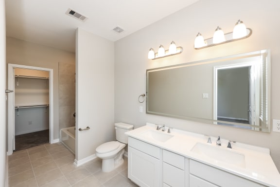 a bathroom with a large mirror and two sinks
