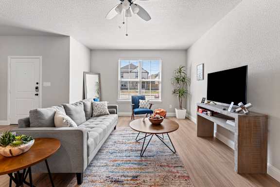 A living room with a grey couch, a coffee table, a flat screen TV and a ceiling fan.