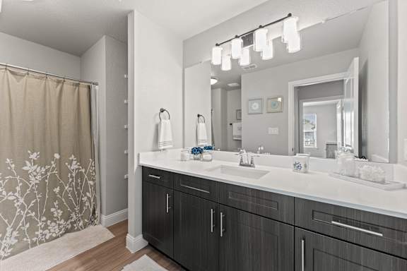 A bathroom with a shower curtain, sink, and mirror.
