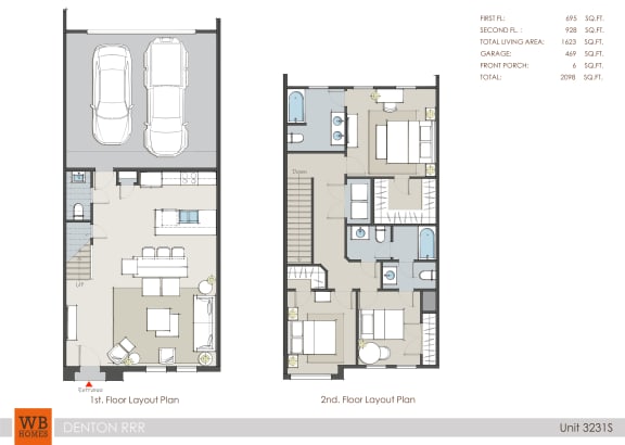 3 bedroom 2.5 bathroom  3231 Floor Plan at The Residences at Rayzor Ranch, Texas