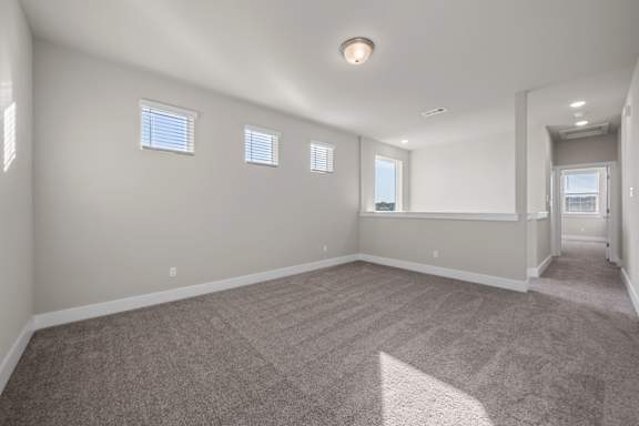 A spacious room with carpeted floor and three windows.