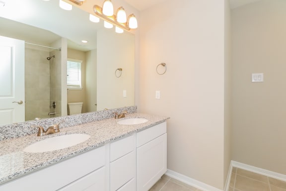 a bathroom with two sinks and a large mirror