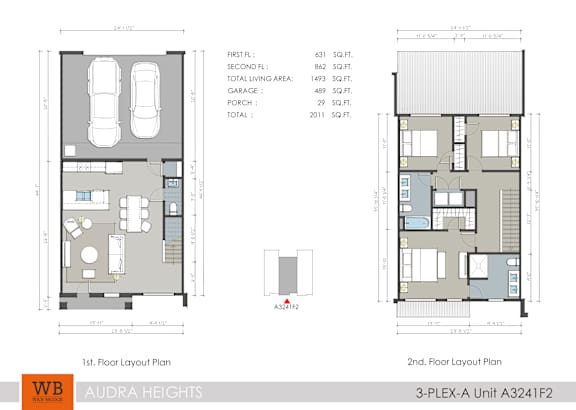 A floor plan for a 3-plex apartment building shows the layout for the first and second floors.