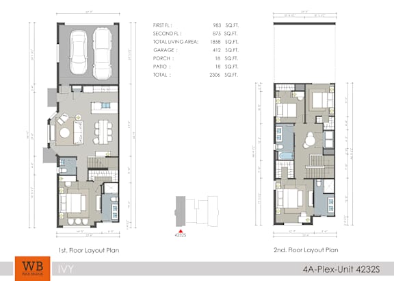 Two floor layout plans for a 4A-Plex-Unit 4232S showing the first and second floors with labeled rooms and dimensions.