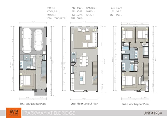 Floor Plan  A floor plan for a property at Parkway at Eldridge shows three different levels.