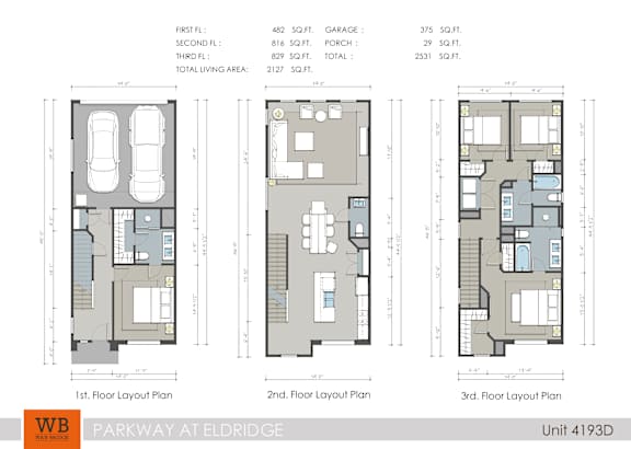 A set of three floor plans for a property at Parkway at Eldridge.