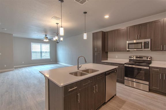 a kitchen with stainless steel appliances and a sink