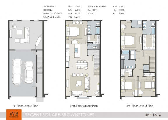 A set of three floor plans for a Regent Square Brownstones unit.