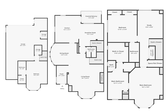 A floor plan of a house with a main bedroom, two closets, a study, and a bathroom.