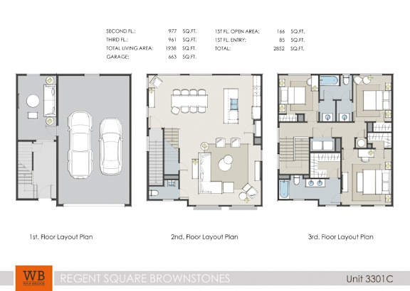 A floor plan for a Regent Square Brownstones unit shows three floors with different layouts.