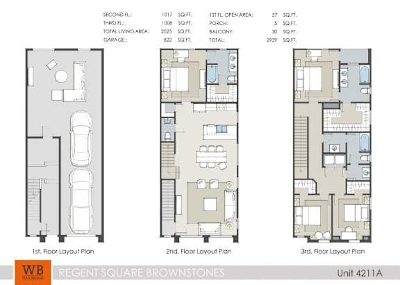 Three floor layout plans for a Regent Square Brownstones unit.
